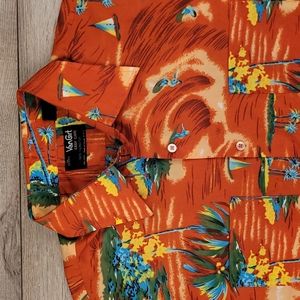 VAN CORT‎ Burnt Orange Surfers Vintage Abstract Poly Sz XL Hawaiian Shirt 70s